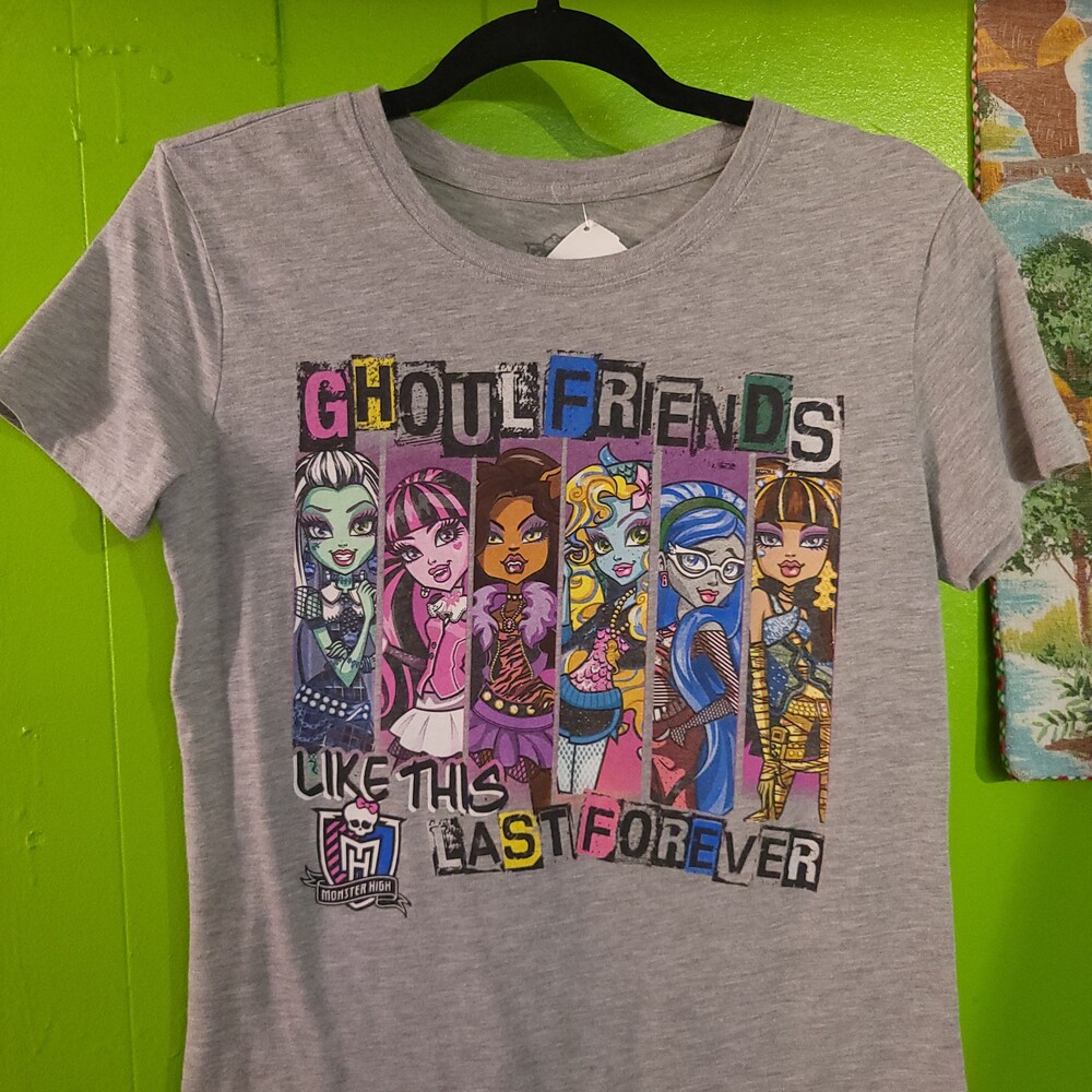 2016 Monster High Ghoulfriends YXL Gray cartoon kidcore goth y2k 2010s baby tee